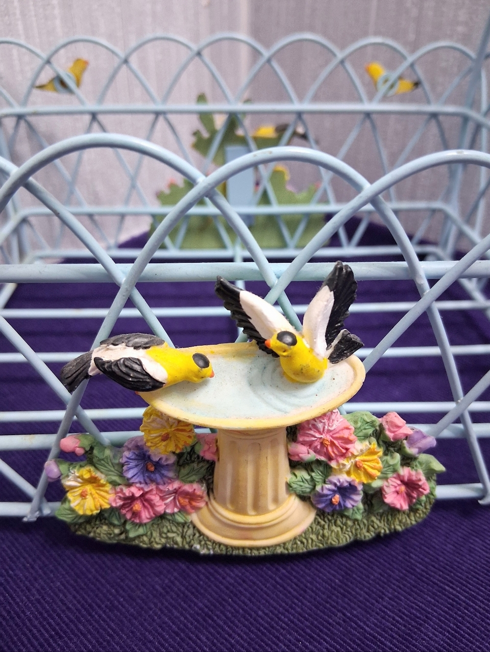 Vintage Whimsical Birdbath Basket With Bird Decorations Light Blue Metal - Picture 7 of 12